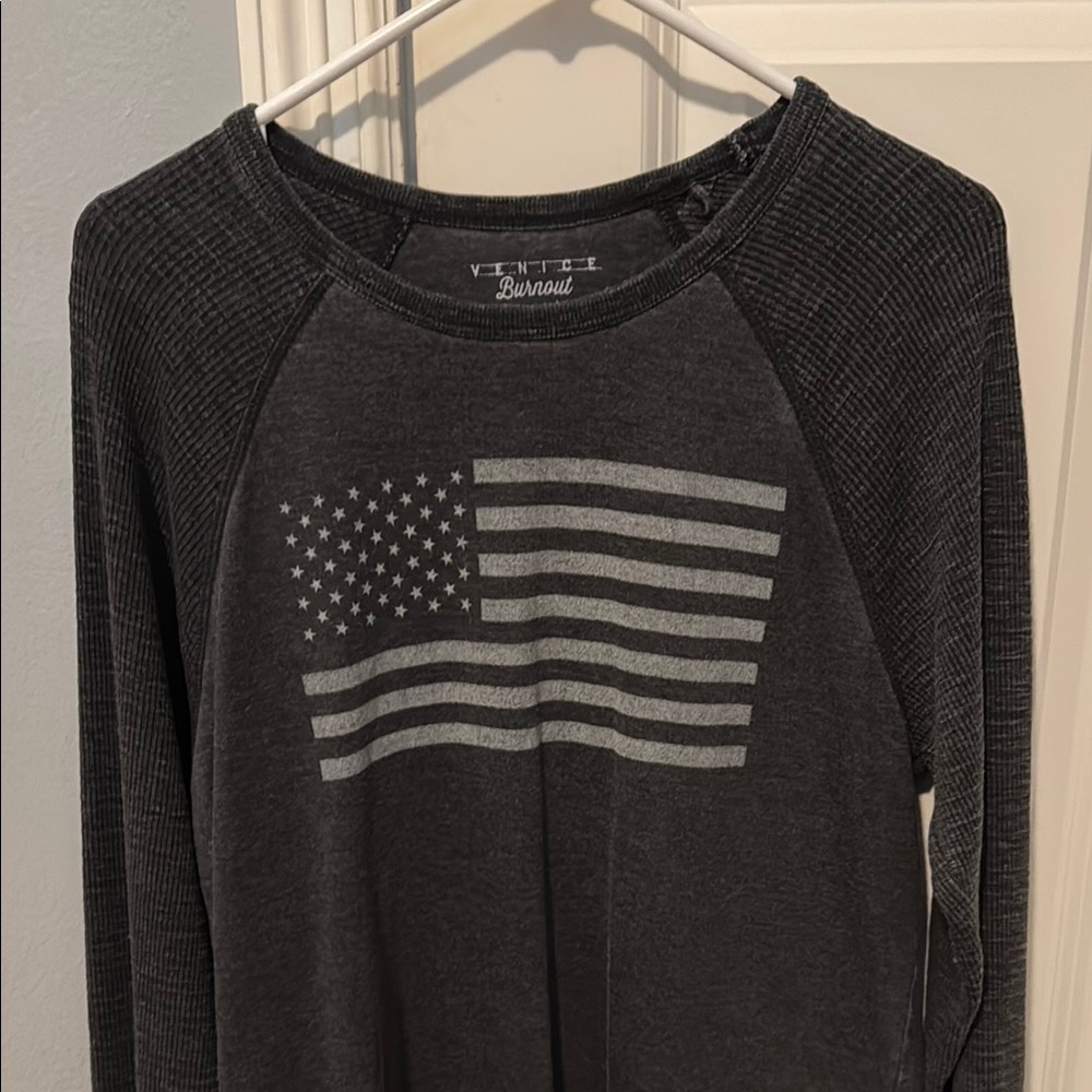 Lucky Brand Venti Burnout Gray American Flag long sleeve tee